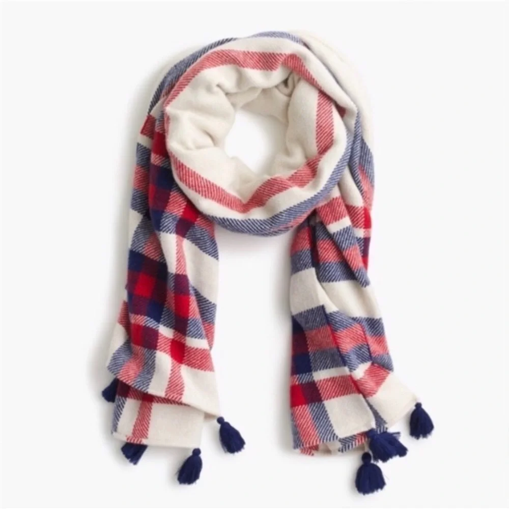 J. Crew Oversized Plaid Wool Blend Scarf in Red/Blue